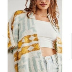 Free People White Kimono Diamondback Cozy Sweater Ivory One Size Poncho NWT